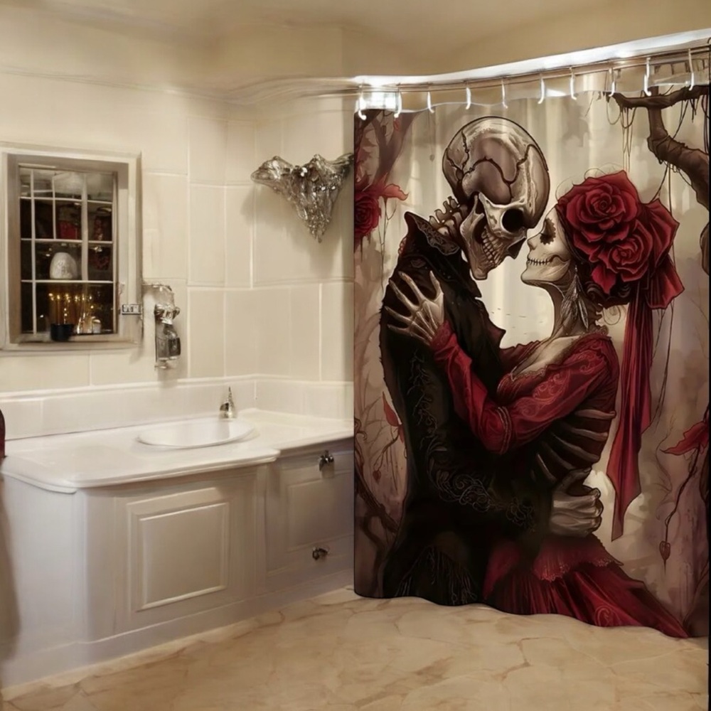 Skull Couple with Red Flowers, Polyester‎ Horror Theme Bath Decor with Hooks